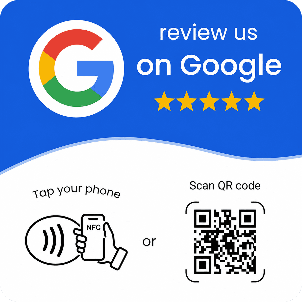 Tik je telefoon tegen het bordje (NFC) of scan de QR code om direct op de Google reviewpagina te komen
